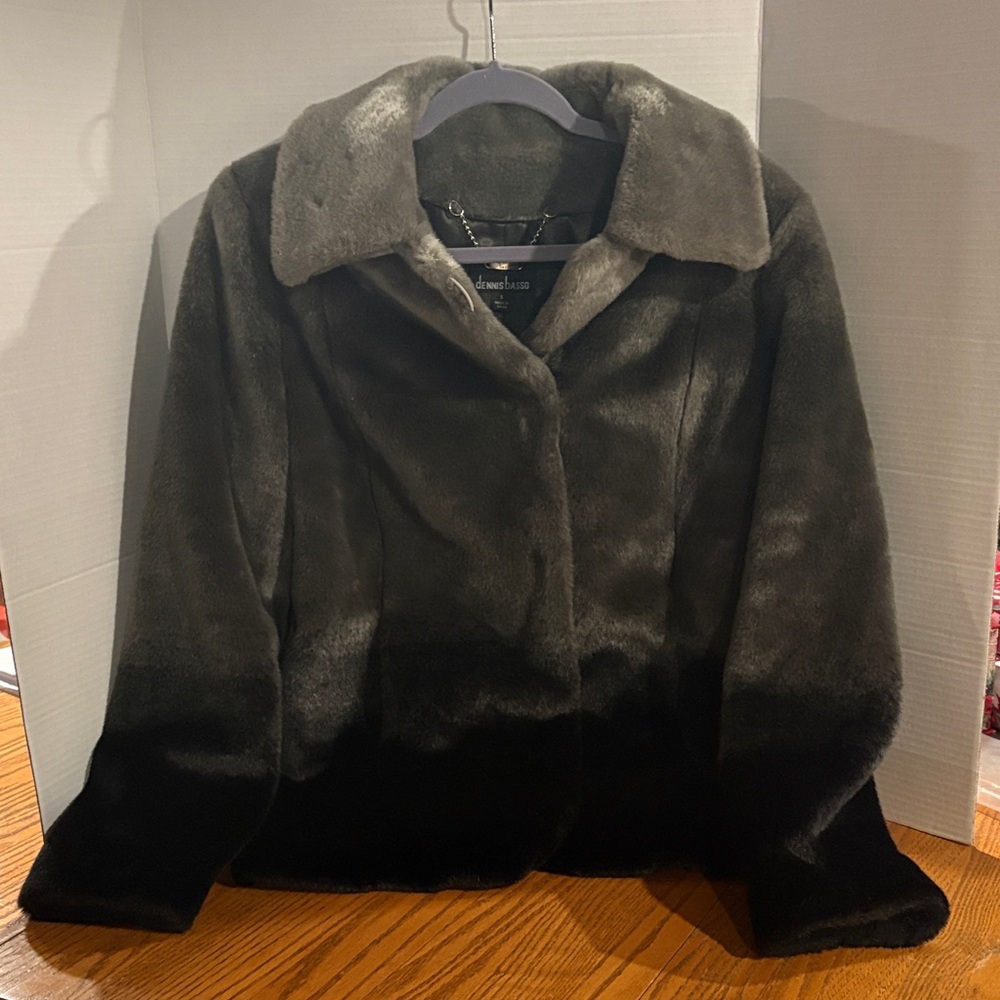 Dennis Basso Women's Black Ombré Faux Fur Coat-Small- runs big